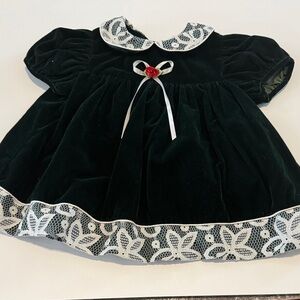 Velvet Dress with Lace Trim and Red Rose Accent